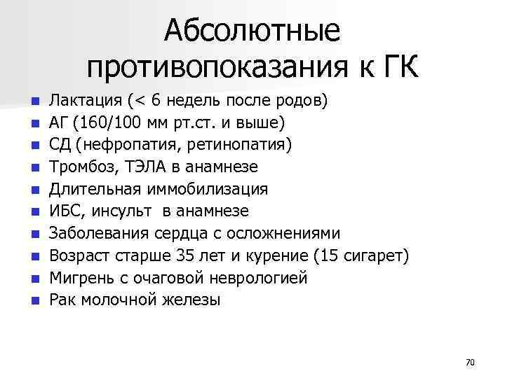 Абсолютные противопоказания к ГК n n n n n Лактация (< 6 недель после