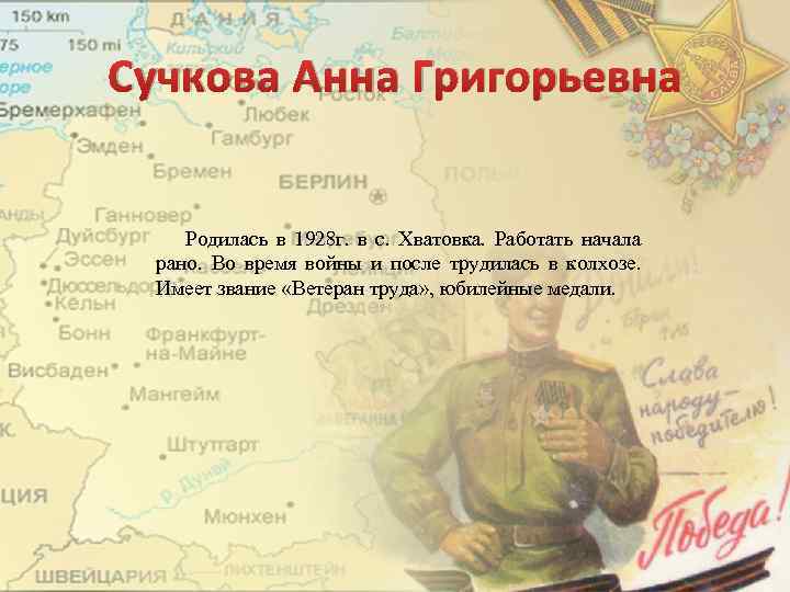 Сучкова Анна Григорьевна Родилась в 1928 г. в с. Хватовка. Работать начала рано. Во