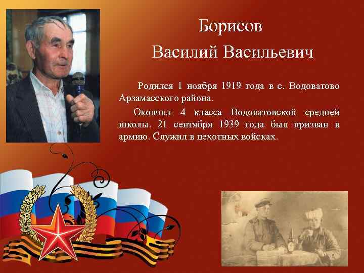 Борисов Василий Васильевич Родился 1 ноября 1919 года в с. Водоватово Арзамасского района. Окончил