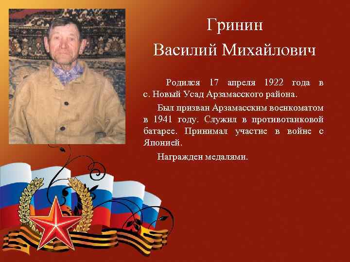 Гринин Василий Михайлович Родился 17 апреля 1922 года в с. Новый Усад Арзамасского района.