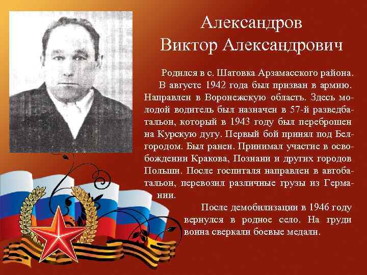  Александров Виктор Александрович Родился в с. Шатовка Арзамасского района. В августе 1942 года