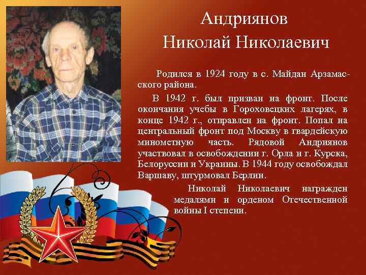 Андриянов Николай Николаевич Родился в 1924 году в с. Майдан Арзамасского района. В 1942