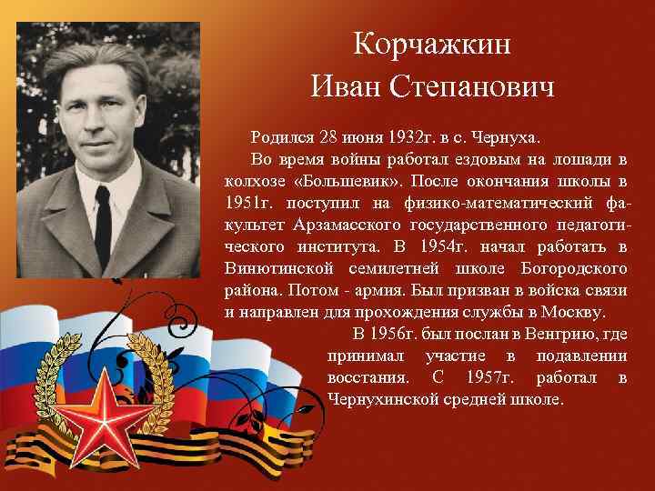  Корчажкин Иван Степанович Родился 28 июня 1932 г. в с. Чернуха. Во время