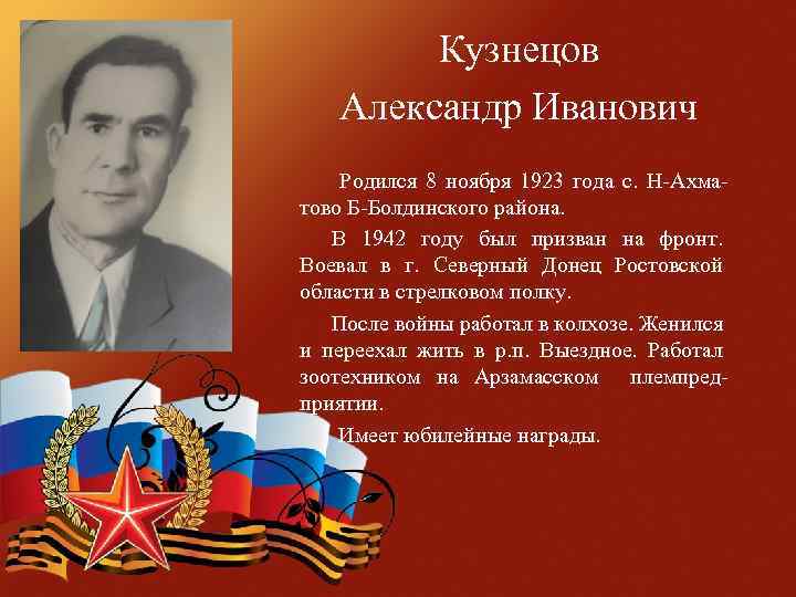  Кузнецов Александр Иванович Родился 8 ноября 1923 года с. Н-Ахматово Б-Болдинского района. В