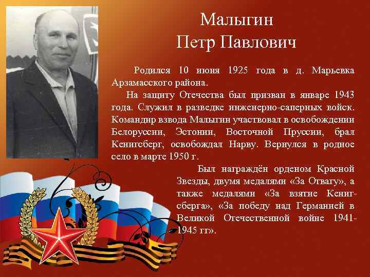  Малыгин Петр Павлович Родился 10 июня 1925 года в д. Марьевка Арзамасского района.