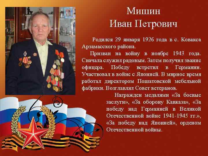  Мишин Иван Петрович Родился 29 января 1926 года в с. Ковакса Арзамасского района.