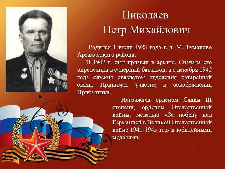 Николаев Петр Михайлович Родился 1 июля 1923 года в д. М. Туманово Арзамасского района.