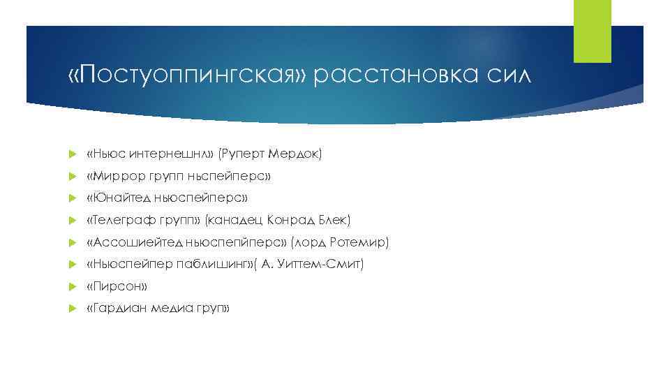  «Постуоппингская» расстановка сил «Ньюс интернешнл» (Руперт Мердок) «Миррор групп ньспейперс» «Юнайтед ньюспейперс» «Телеграф