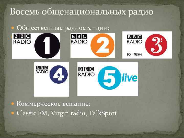 Восемь общенациональных радио Общественные радиостанции: Коммерческое вещание: Classic FM, Virgin radio, Talk. Sport 