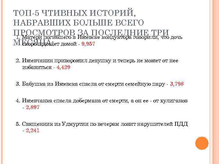 ТОП-5 ЧТИВНЫХ ИСТОРИЙ, НАБРАВШИХ БОЛЬШЕ ВСЕГО ПРОСМОТРОВ Ижевске кондуктора говорили, что дочь ЗА ПОСЛЕДНИЕ