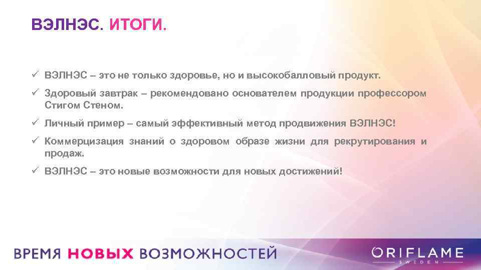 ВЭЛНЭС. ИТОГИ. ü ВЭЛНЭС – это не только здоровье, но и высокобалловый продукт. ü