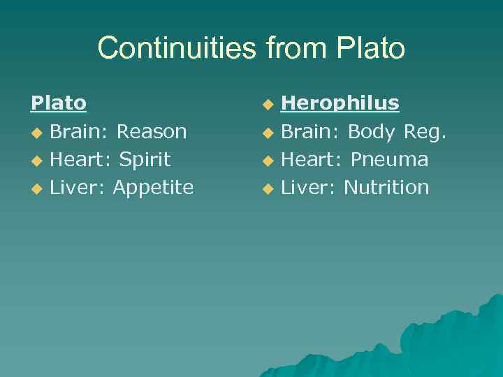 Continuities from Plato u Brain: Reason u Heart: Spirit u Liver: Appetite Herophilus u