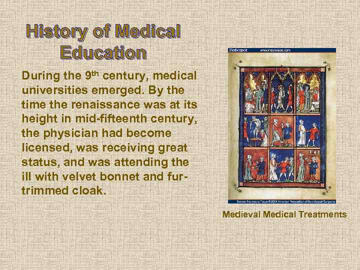 History of Medical Education During the 9 th century, medical universities emerged. By the