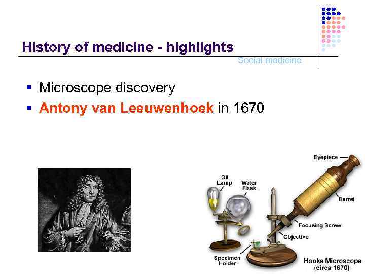 History of medicine - highlights Social medicine § Microscope discovery § Antony van Leeuwenhoek