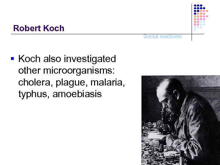 Robert Koch Social medicine § Koch also investigated other microorganisms: cholera, plague, malaria, typhus,