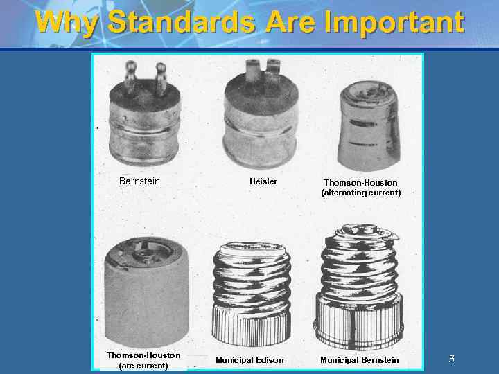 Why Standards Are Important Bernstein Thomson-Houston (arc current) Heisler Municipal Edison Thomson-Houston (alternating current)