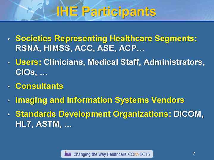 IHE Participants • Societies Representing Healthcare Segments: RSNA, HIMSS, ACC, ASE, ACP… • Users: