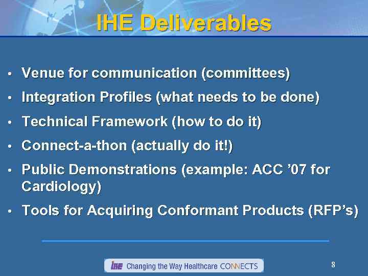 IHE Deliverables • Venue for communication (committees) • Integration Profiles (what needs to be