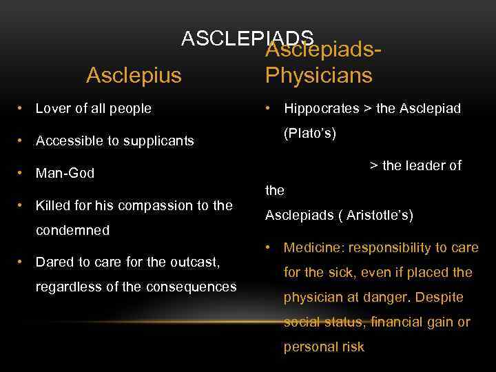 ASCLEPIADS Asclepius • Lover of all people • Accessible to supplicants Asclepiads. Physicians •