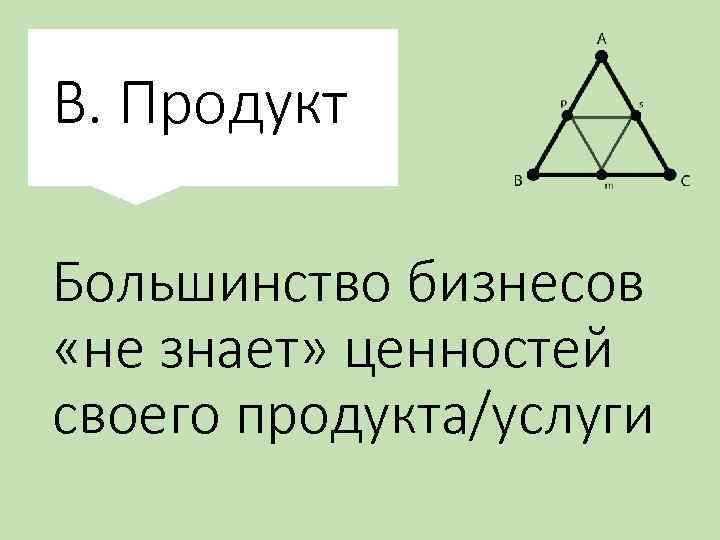 В. Продукт Большинство бизнесов «не знает» ценностей своего продукта/услуги 