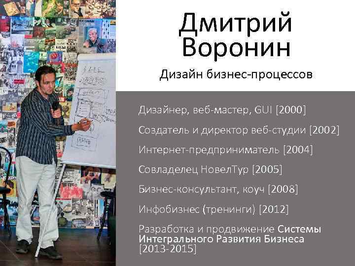 Дмитрий Воронин Дизайн бизнес-процессов Дизайнер, веб-мастер, GUI [2000] Создатель и директор веб-студии [2002] Интернет-предприниматель