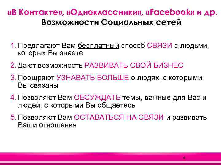  «В Контакте» , «Одноклассники» , «Facebook» и др. Возможности Социальных сетей 1. Предлагают