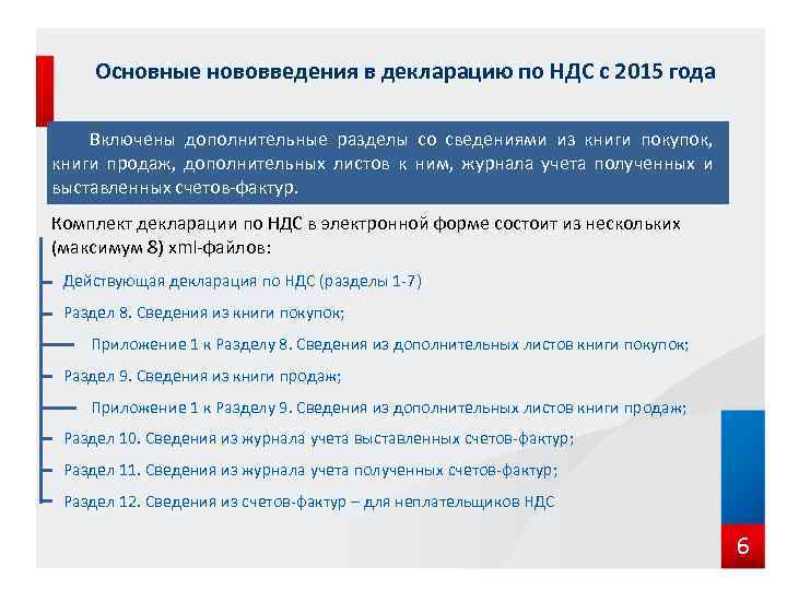 Основные нововведения в декларацию по НДС с 2015 года Включены дополнительные разделы со сведениями