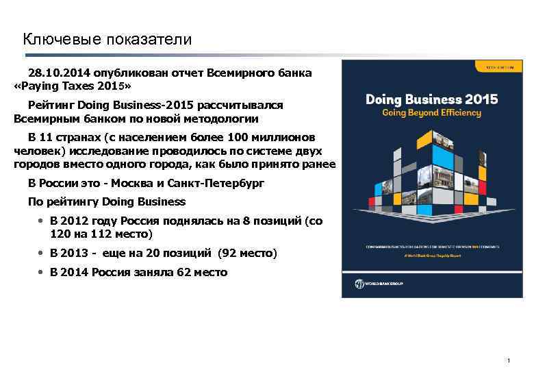 Ключевые показатели 28. 10. 2014 опубликован отчет Всемирного банка «Paying Taxes 2015» Рейтинг Doing