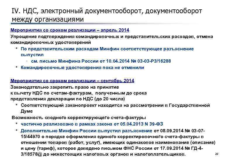 IV. НДС, электронный документооборот, документооборот между организациями Мероприятия со сроком реализации – апрель 2014