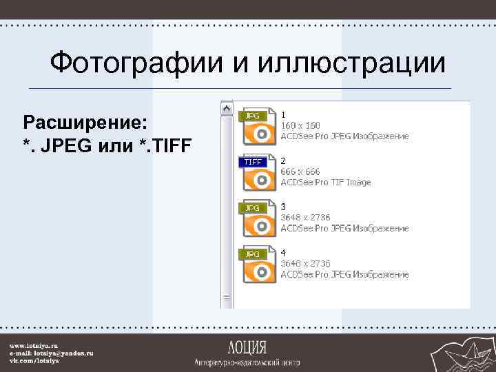 Фотографии и иллюстрации Расширение: *. JPEG или *. TIFF 