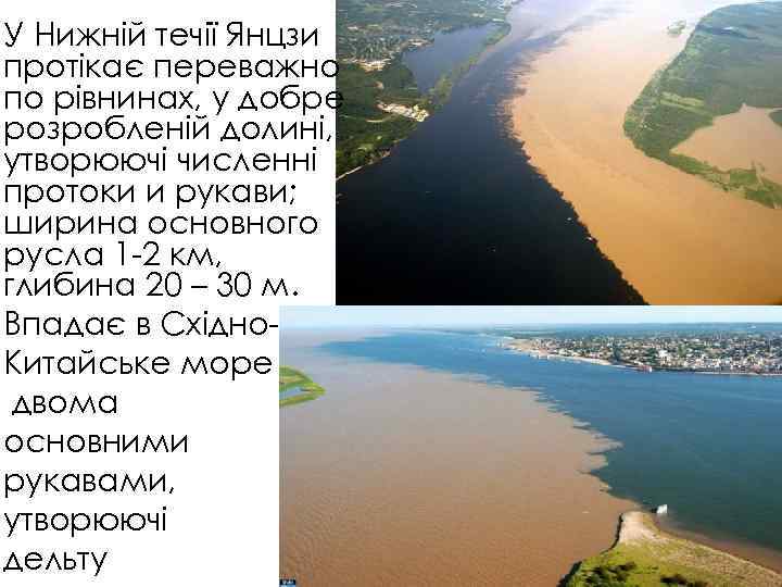 У Нижній течії Янцзи протікає переважно по рівнинах, у добре розробленій долині, утворюючі численні