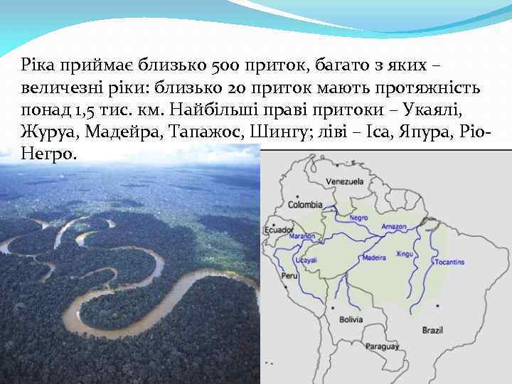 Ріка приймає близько 500 приток, багато з яких – величезні ріки: близько 20 приток