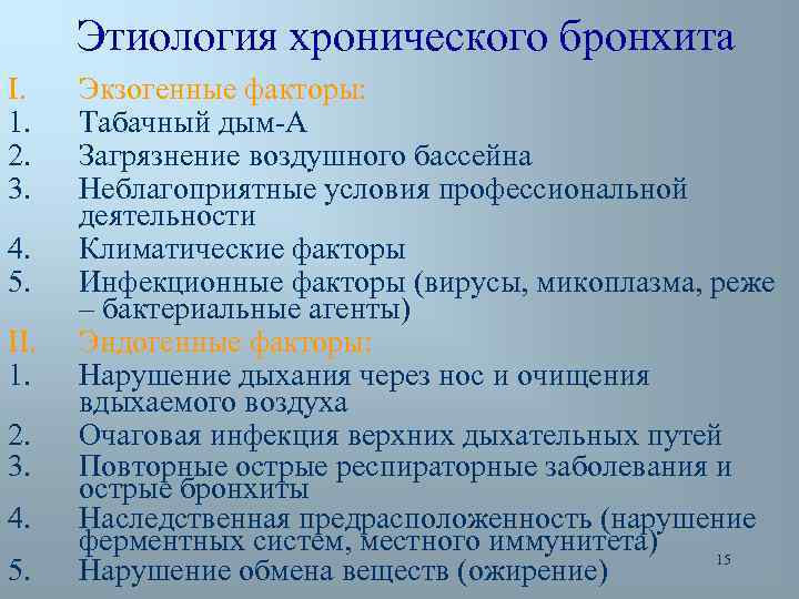 Этиология хронического бронхита I. 1. 2. 3. 4. 5. II. 1. 2. 3. 4.