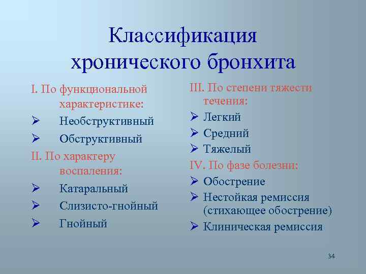 Классификация хронического бронхита I. По функциональной характеристике: Ø Необструктивный Ø Обструктивный II. По характеру