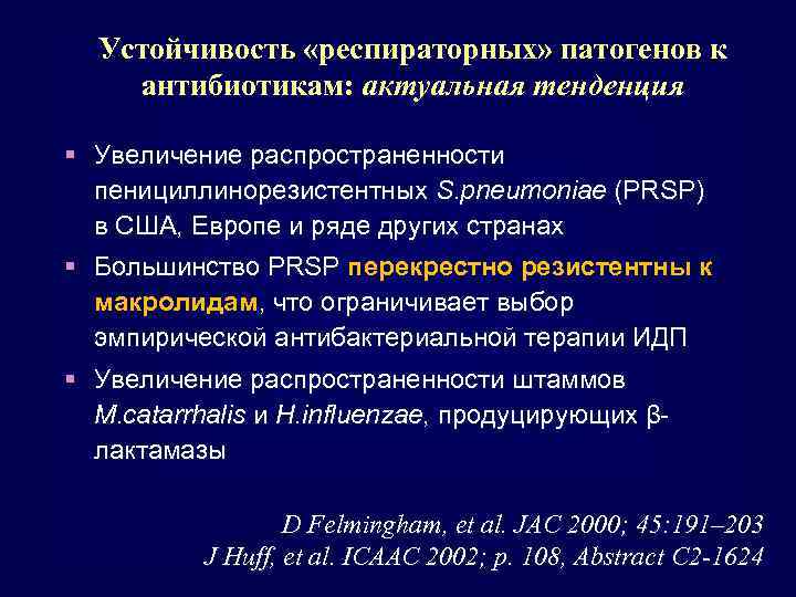 Устойчивость «респираторных» патогенов к антибиотикам: актуальная тенденция § Увеличение распространенности пенициллинорезистентных S. pneumoniae (PRSP)