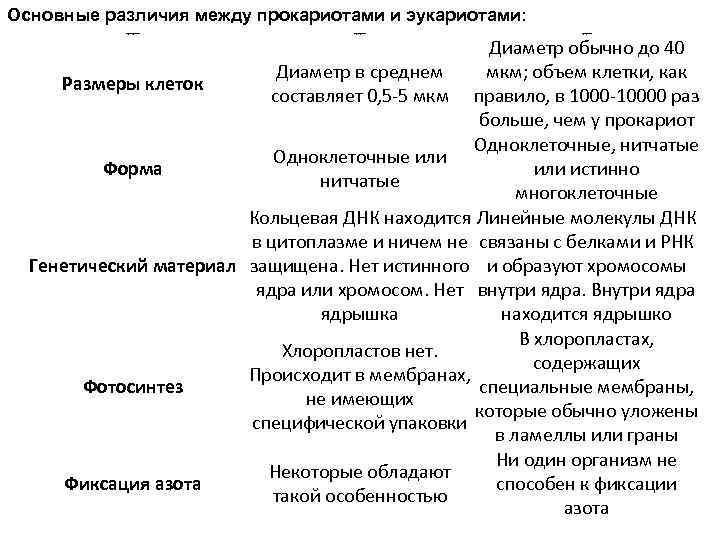 Критерии прокариоты и эукариоты таблица