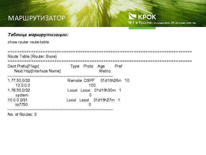 МАРШРУТИЗАТОР Таблица маршрутизации: show router route-table ======================================== Route Table (Router: Base) ======================================== Dest Prefix[Flags]