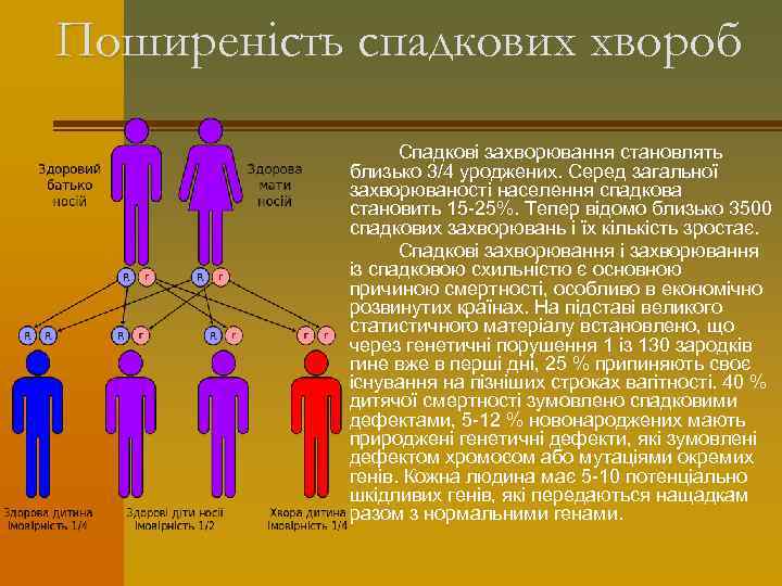 Поширеність спадкових хвороб Спадкові захворювання становлять близько 3/4 уроджених. Серед загальної захворюваності населення спадкова
