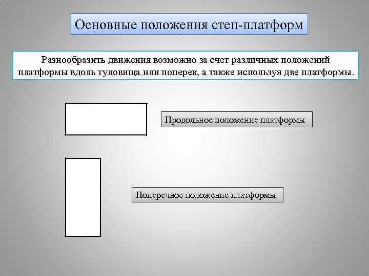 Основные положения степ-платформ Разнообразить движения возможно за счет различных положений платформы вдоль туловища или