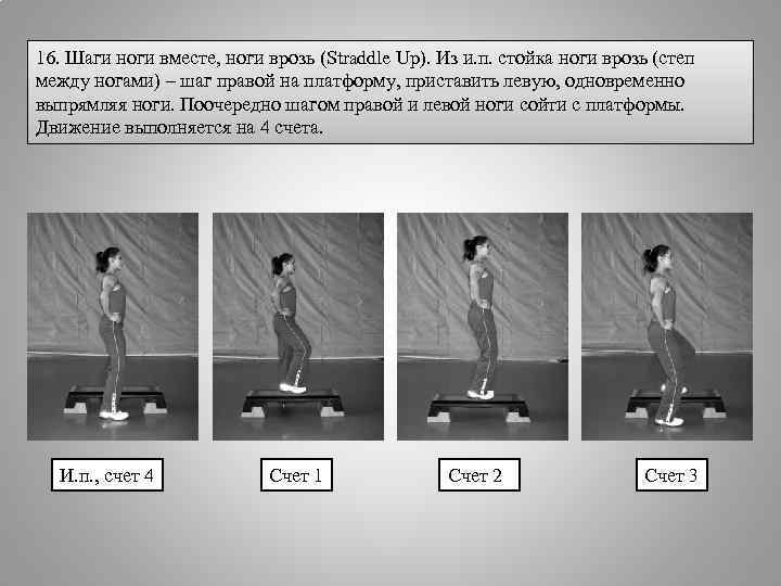 16. Шаги ноги вместе, ноги врозь (Straddle Up). Из и. п. стойка ноги врозь