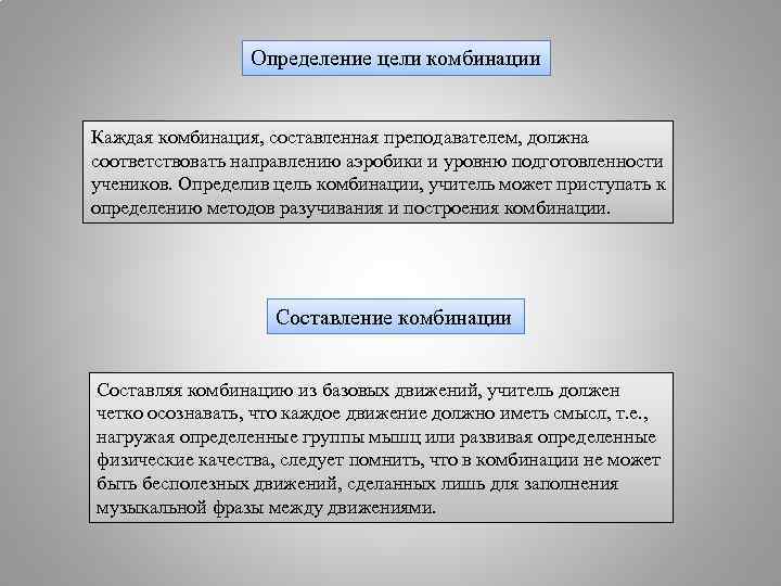 Определение цели комбинации Каждая комбинация, составленная преподавателем, должна соответствовать направлению аэробики и уровню подготовленности