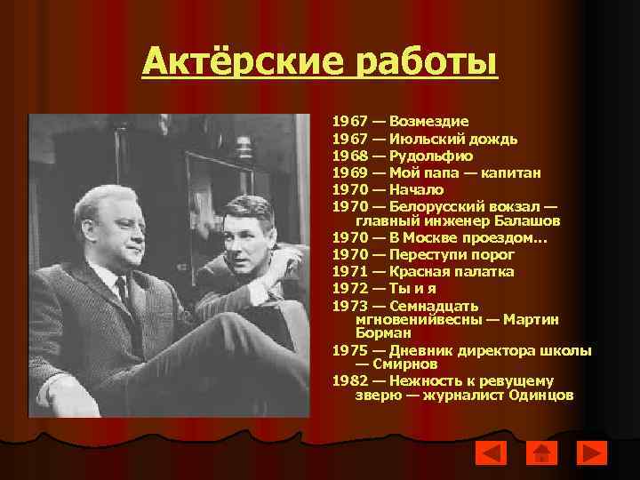 Актёрские работы 1967 — Возмездие 1967 — Июльский дождь 1968 — Рудольфио 1969 —