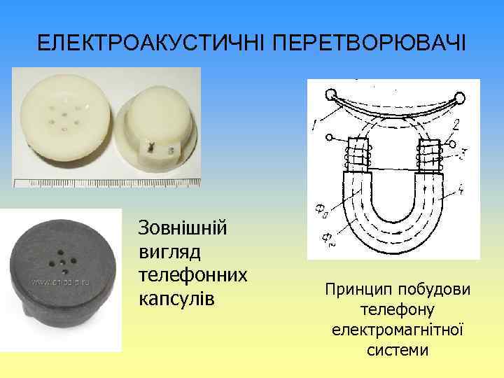 ЕЛЕКТРОАКУСТИЧНІ ПЕРЕТВОРЮВАЧІ Зовнішній вигляд телефонних капсулів Принцип побудови телефону електромагнітної системи 