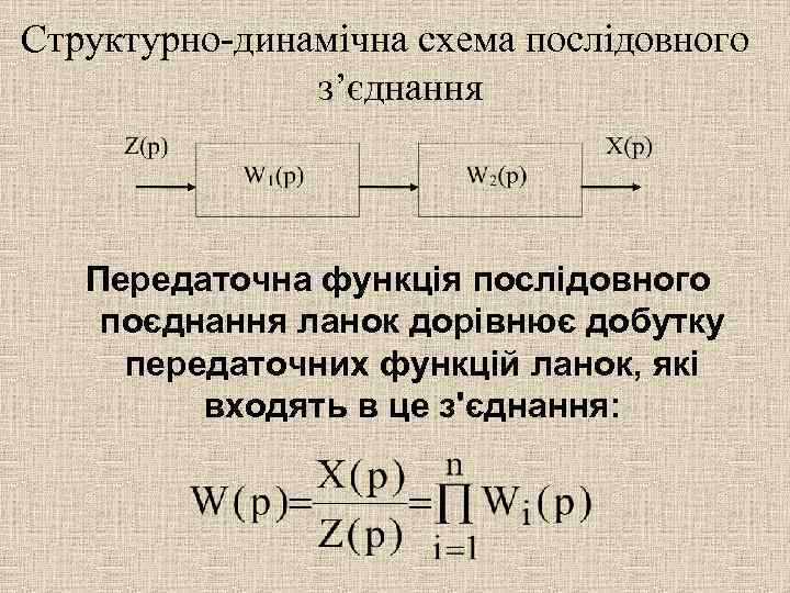 Структурно-динамічна схема послідовного з’єднання Передаточна функція послідовного поєднання ланок дорівнює добутку передаточних функцій ланок,