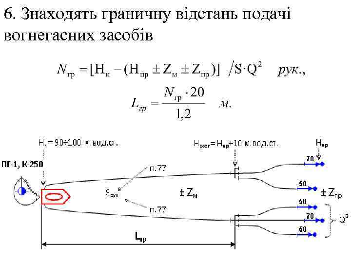 6. Знаходять граничну відстань подачі вогнегасних засобів 