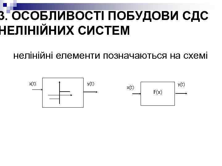 3. ОСОБЛИВОСТІ ПОБУДОВИ СДС НЕЛІНІЙНИХ СИСТЕМ нелінійні елементи позначаються на схемі x(t) y(t) F(x)
