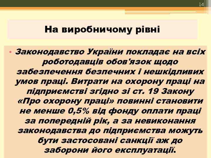 14 На виробничому рівні • Законодавство України покладає на всіх роботодавців обов'язок щодо забезпечення