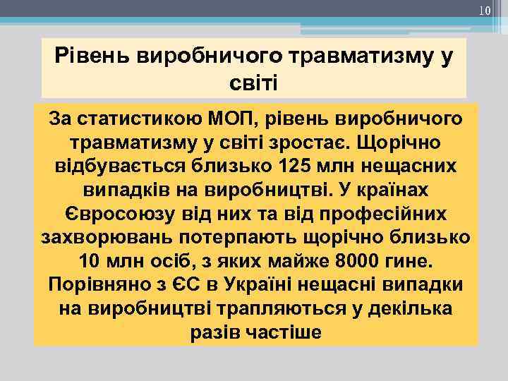 10 Рівень виробничого травматизму у світі За статистикою МОП, рівень виробничого травматизму у світі