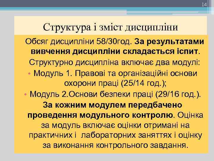 14 Структура і зміст дисципліни Обсяг дисципліни 58/30 год. За результатами вивчення дисципліни складається