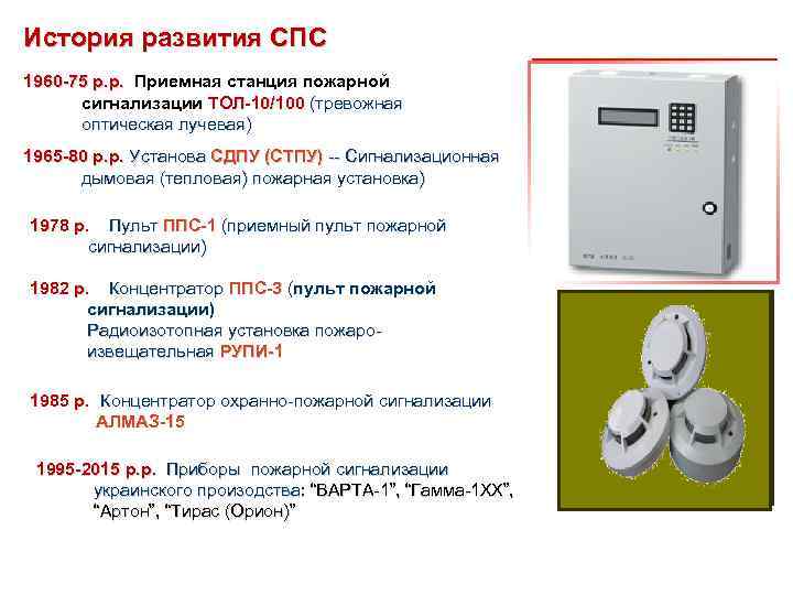 История развития СПС 1960 -75 р. р. Приемная станция пожарной сигнализации ТОЛ-10/100 (тревожная оптическая
